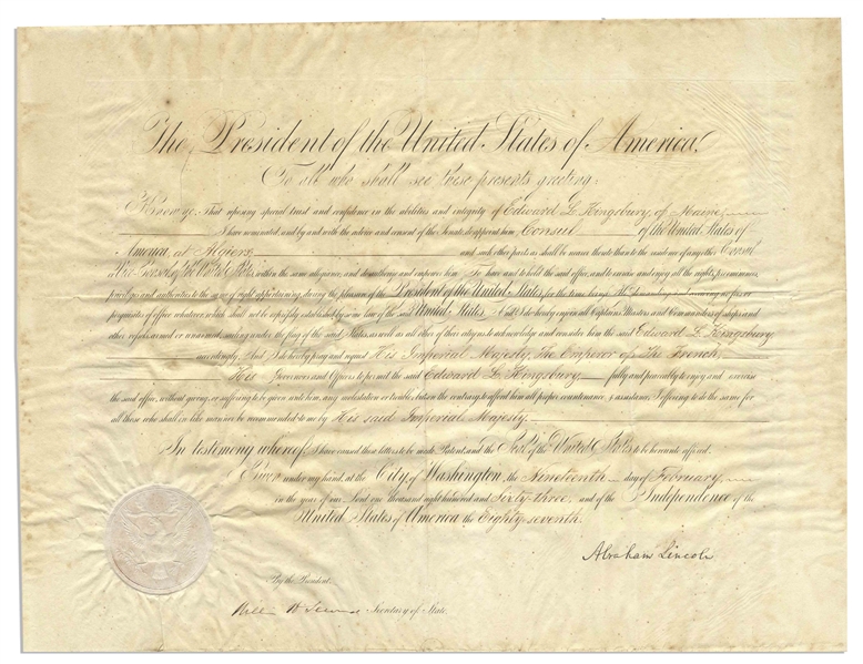 Abraham Lincoln Document Signed as President, Appointing Edward L. Kingsbury U.S. Consul to Algiers -- With a Bold, Full ''Abraham Lincoln'' Signature